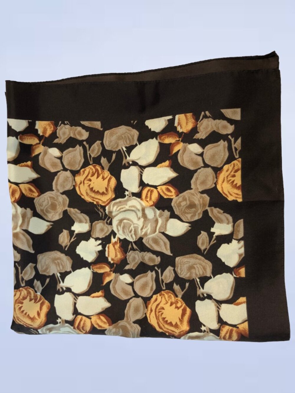 Vintage Floral Poly Square Scarf Brown Rose Head Neck Wrap Bandana